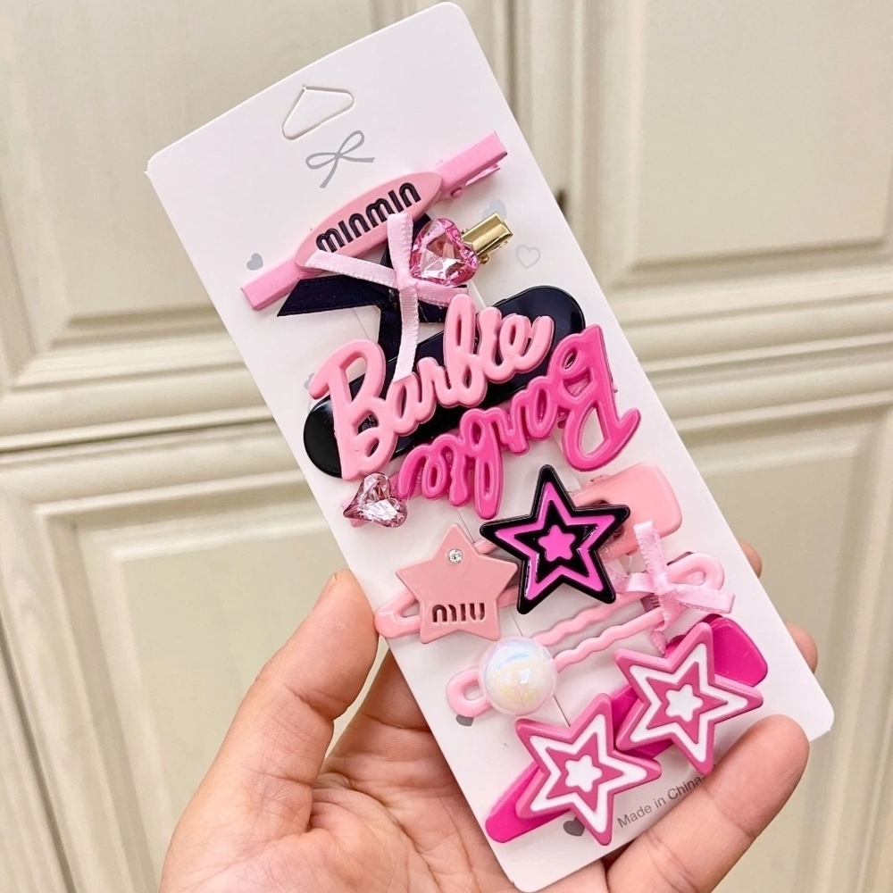 Barbie Hair Clip Set Pink and Black Star Heart Bow Rhinestones